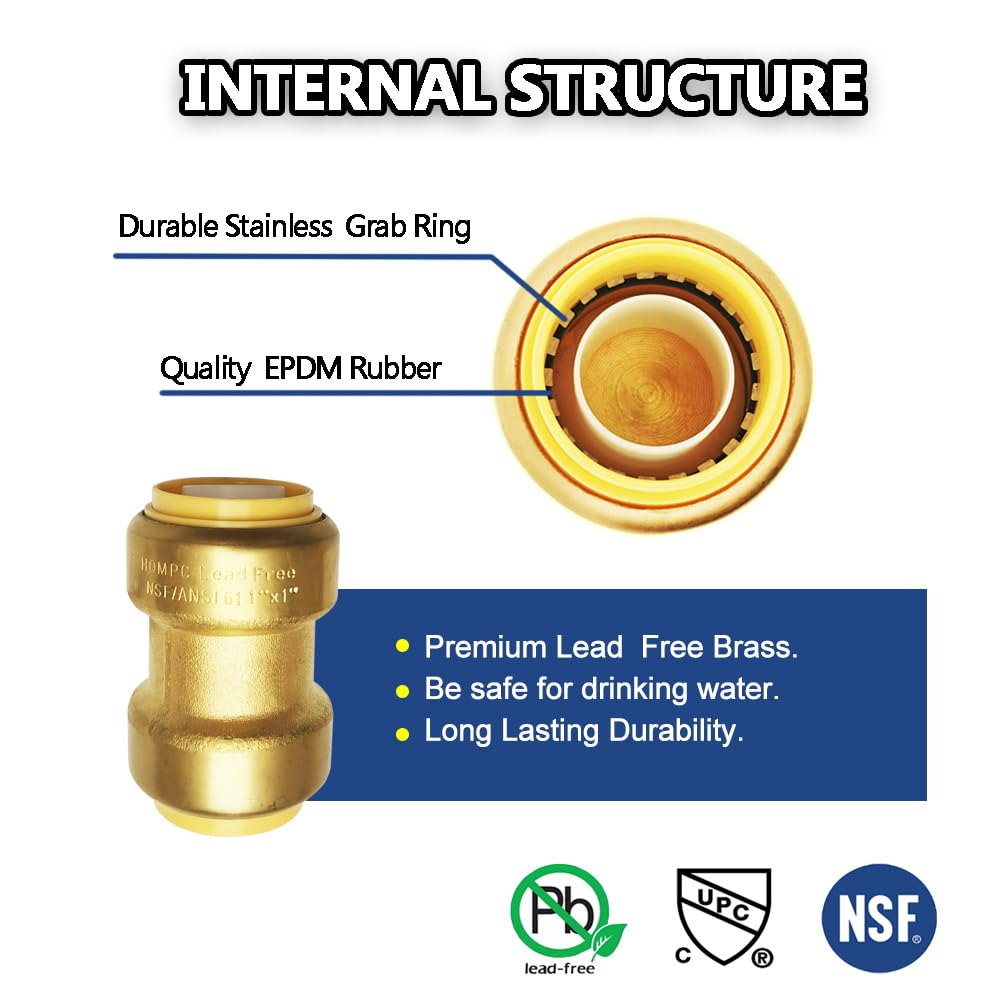 HQMPC 1" Pex fitting Straight Coupling Push Fit PEX Fittings, Push-to-Connect Copper, CPVC, No Pb Brass Plumbing Fittings (2, 1 Inch(1"))