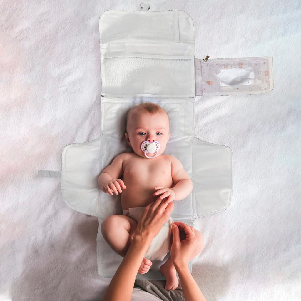 TENDS Portable Baby Changing Mat XL-Foldable Waterproof Diaper Changing Mat with Detachable Bag and 6 Pockets as a Toiletry Bag for Baby Items