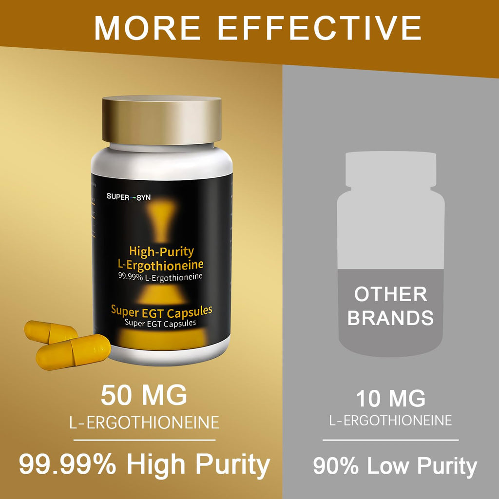 SUPER-SYN L-Ergothioneine 50mg of Ultra-Pure, Antioxidant Dietary Supplement, Cellular Health, Cognitive Health, Longevity, Gluten-Free, Vegetarian, Non-GMO