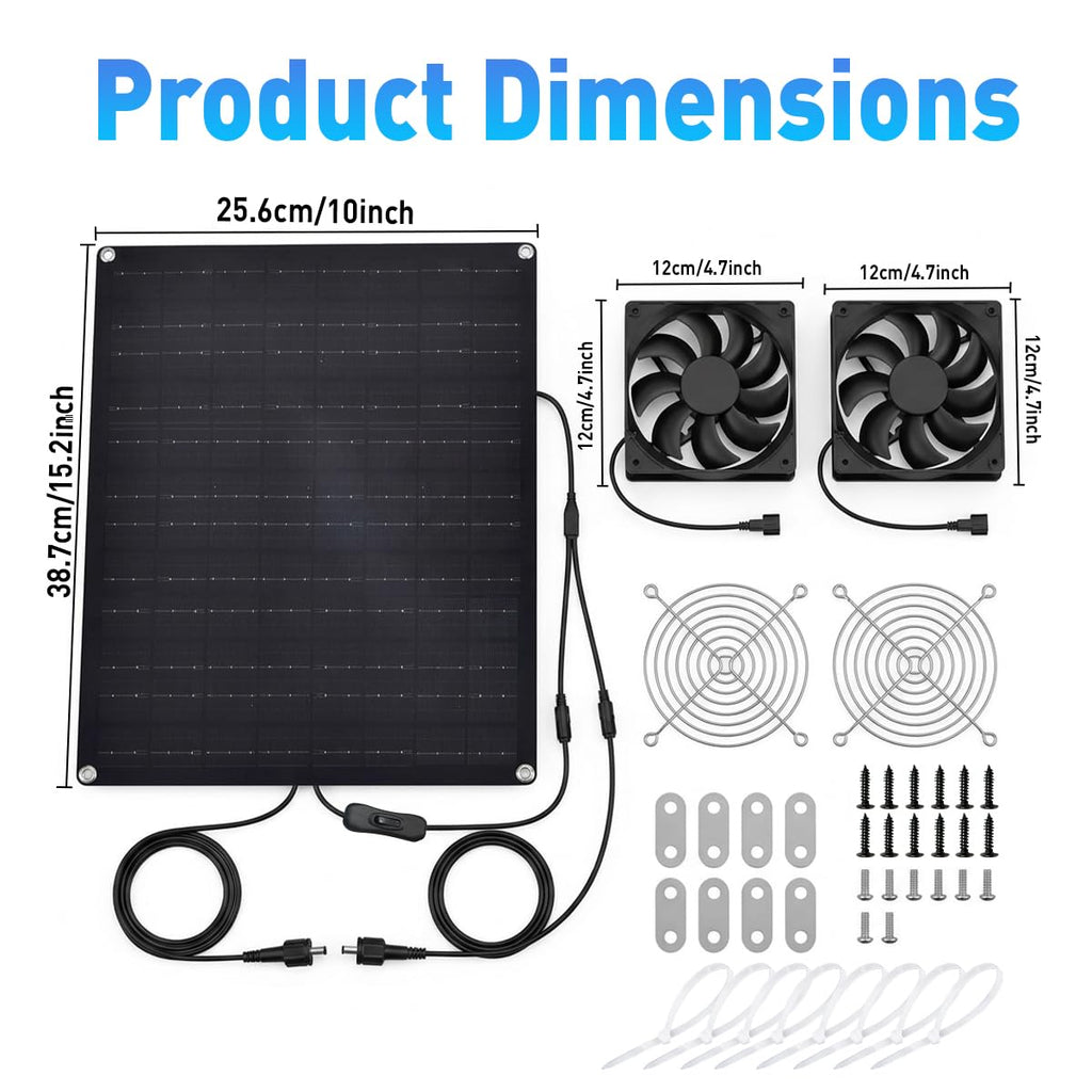 Solar Fan for Greenhouse 25W Solar Exhaust Fans Panel & 2-Pack, Solar Fan for Chicken Coop Intake or Exhaust Air Cooling Doghouses Pet House Air Ventilation and Circulation