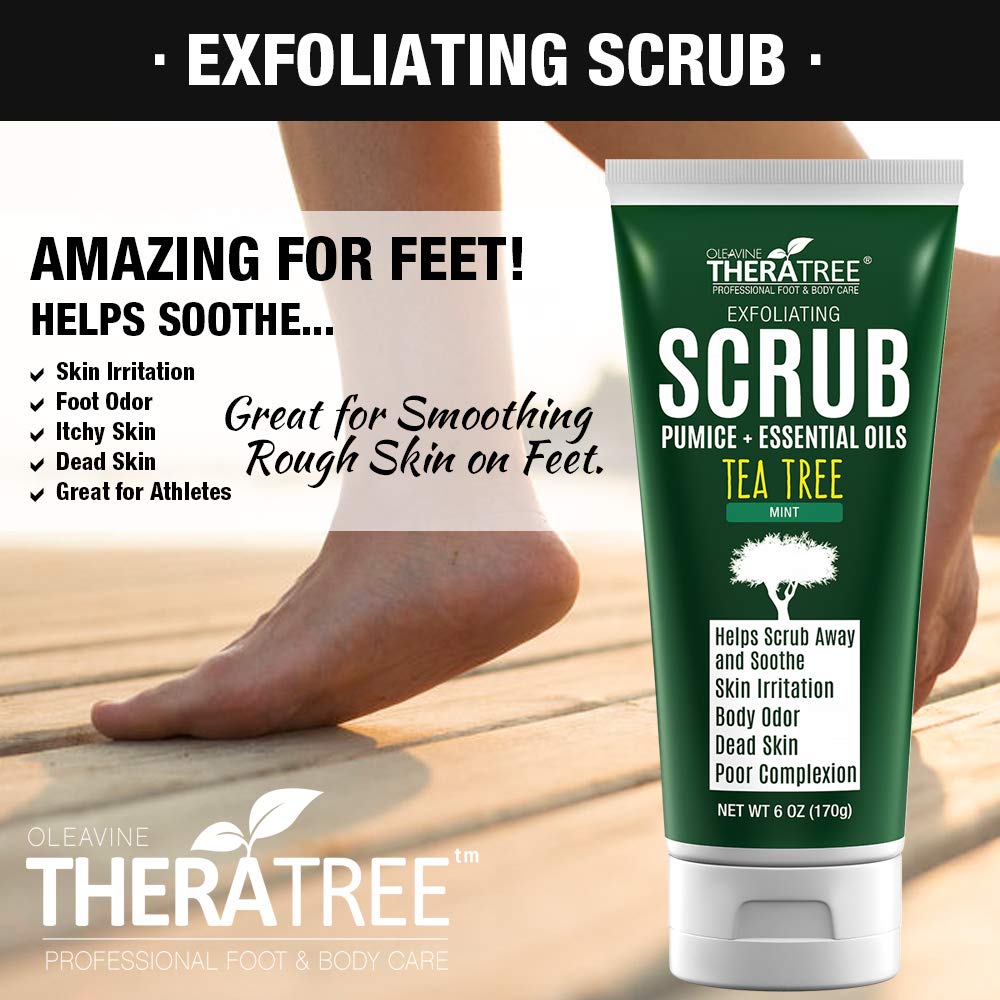 Oleavine TheraTree Tea Tree Oil Exfoliating Body Scrub - Deep Cleansing Foot & Body Charcoal Scrub with Peppermint, Spearmint & Neem - Soothing Exfoliator for Healthy-Looking Skin, 6 oz