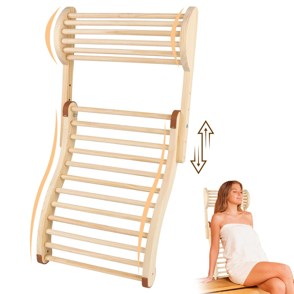 Sauna Backrest Infrared Sauna Backrest Accessories with Adjustable Pillow Wooden Slip-Resistant Non-Toxic Comfortable S-Shape Design Sauna Chair for Any Barrel or Infrared Sauna