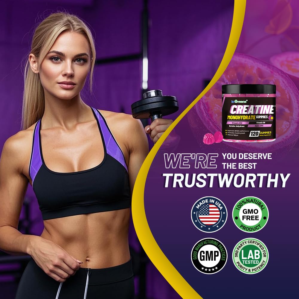 Creatine Monohydrate Gummies 6g for Men & Women, Potent Creatine Supplement, Chewables Creatine for Energy Boost, Increase Strength and Build Muscle, Gluten-Free, Sugar Free,120 Count