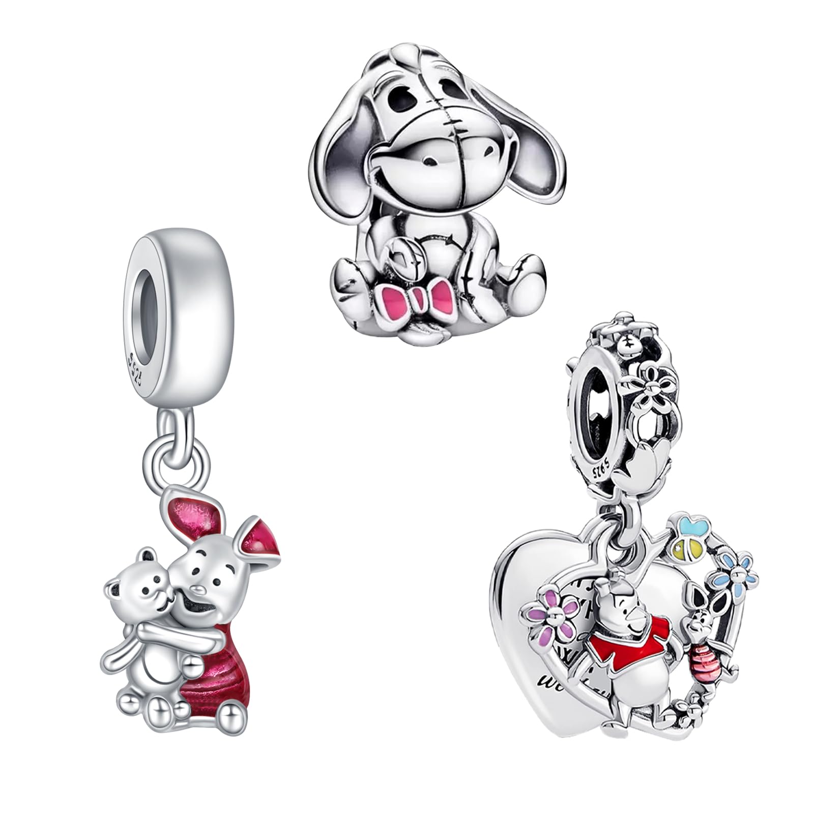 Doyafer 925 Sterling Silver Charms Set Pink Piggy, Bear, Donkey Cartoon Beads Pendant for Women Bracelets Necklace Birthday Gifts 3-Piece/Package