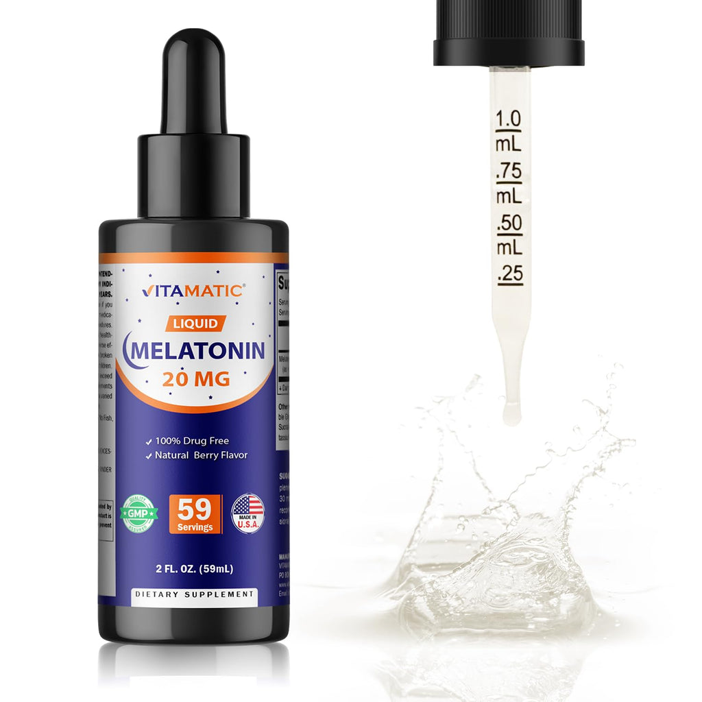 Vitamatic 2-Pack Melatonin 20mg Liquid Drops - 2 fl oz (59 ml) Each - Natural Berry Flavor - Non-GMO, Vegetarian Supplement for Adults