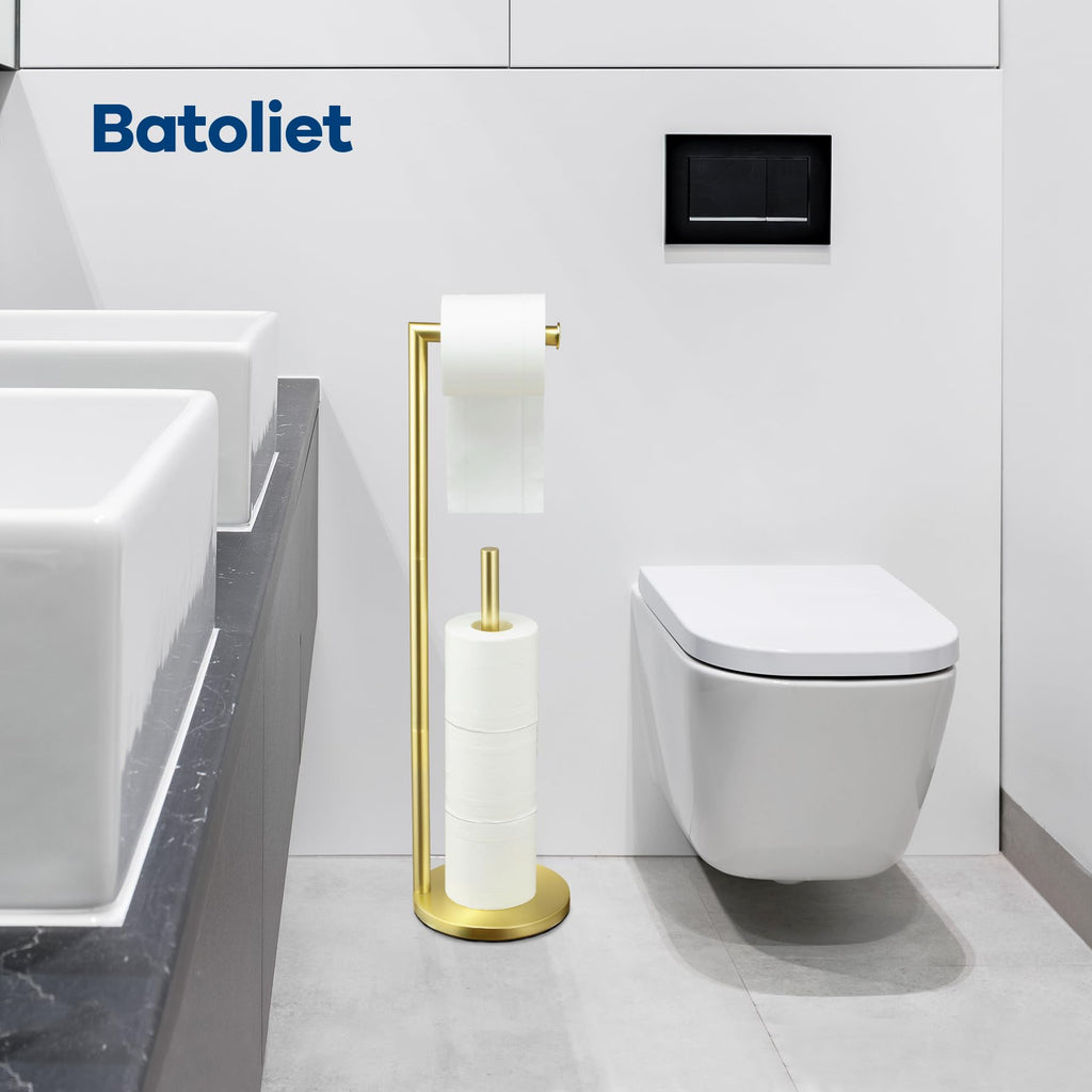 Toilet Paper Holder Stand, Bathroom Toilet Paper Roll Holder Stand with Reserve, Standing Toilet Paper Holder with Storage,Toilet Paper Roll Holder for 4 Rolls, Gold