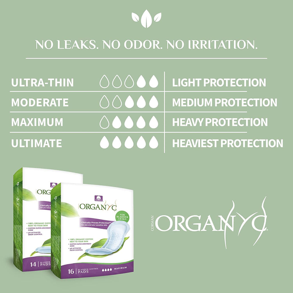 Organyc 100% Organic Cotton Inside and Out Incontinence Pads for Bladder Leaks, FSA/HSA Eligible, Maximum Flow, 16 Count