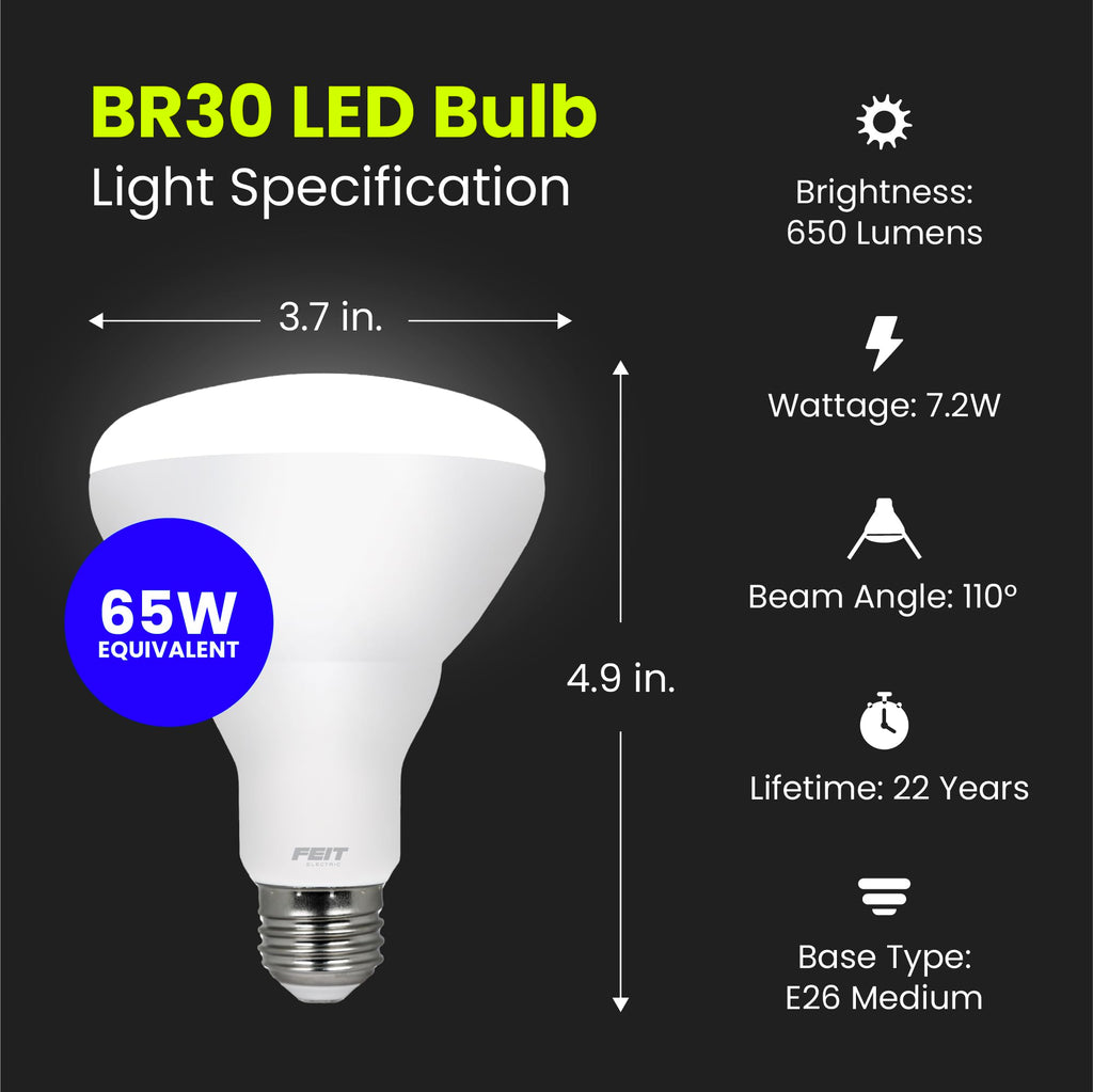 Feit Electric BR30 LED Light Bulb, 65W Equivalent, Dimmable, 650 Lumens, E26 Standard Base, 2700K Soft White, 90 CRI, Recessed Can Light Bulbs, 22-Year Lifetime, BR30DM/927CA/4, 4 Pack