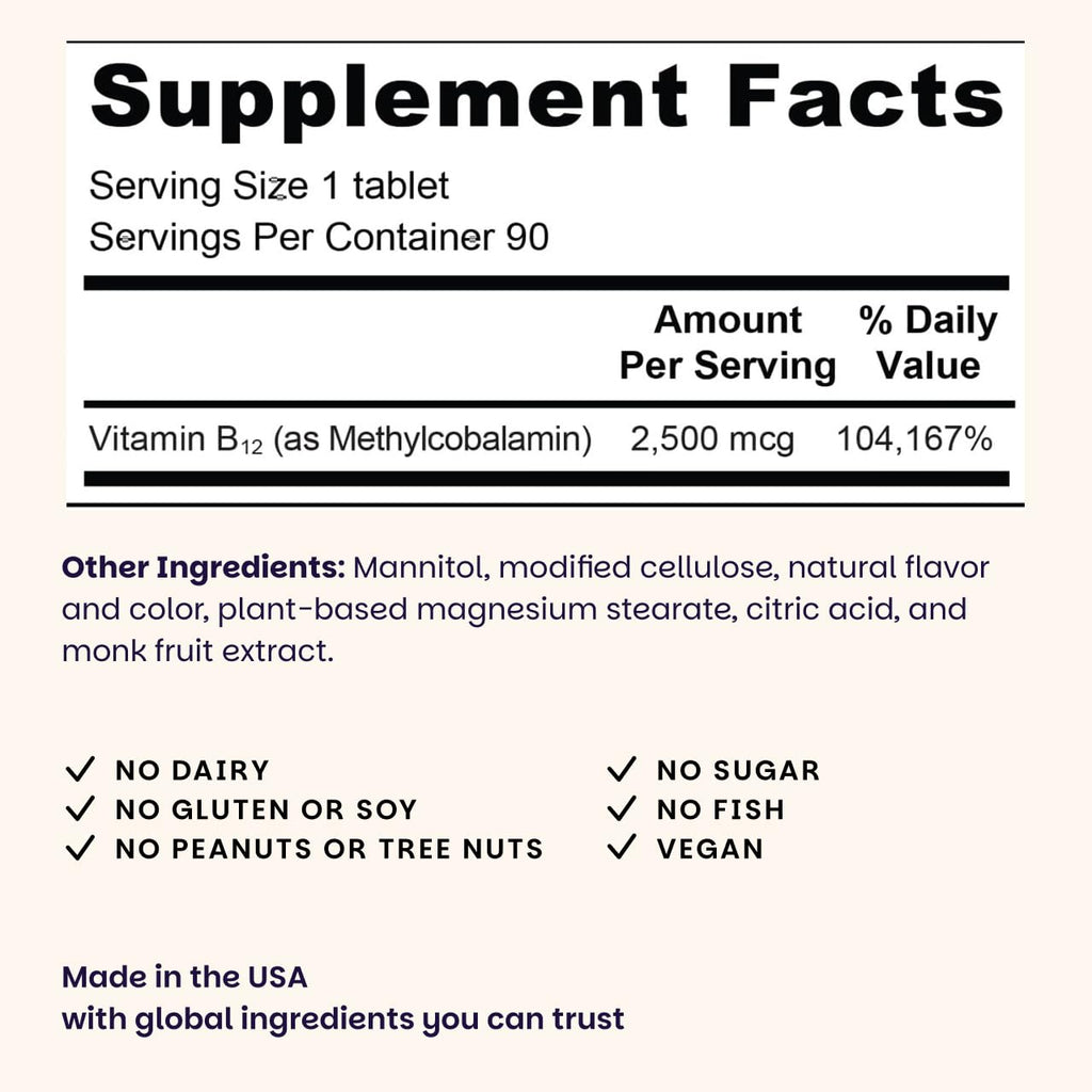 EZ Melts Dissolvable B12 2,500 mcg - Vitamin B12 for Energy & Immune Support - Non-GMO, Vegan & Gluten-Free - Red Cherry - 90 Sublingual Tablets (90 Servings)