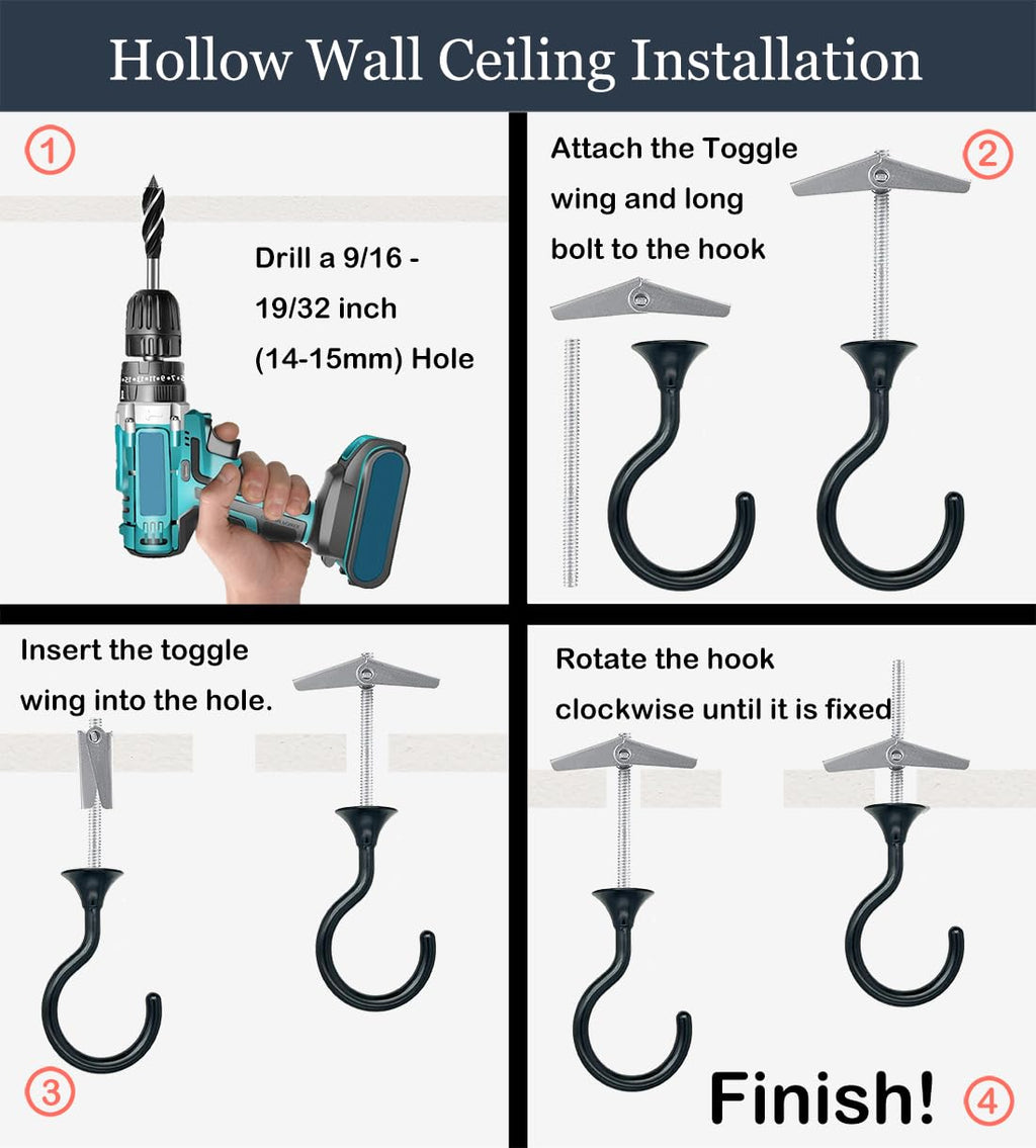Evsteluo Heavy Duty Ceiling Hooks for Hanging Plants 4 Pack (Black)