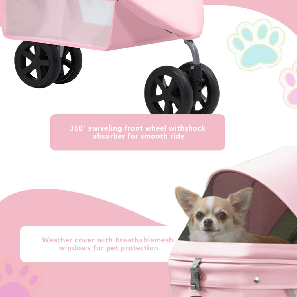 Pet Stroller for Small/Medium Dogs and Cats, Foldable 3 Wheel Jogger with One-Click Fold, Breathable Mesh, Storage Basket, Cup Holder, Weather Cover, (Pink)