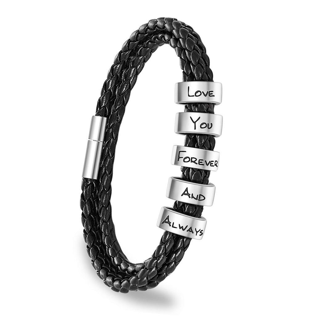 ShineSand Personalized Mens Leather Bracelet with Custom Beads, Customized Braid Leather Bracelet Engraved with Names for Men（Black, 5 Beads