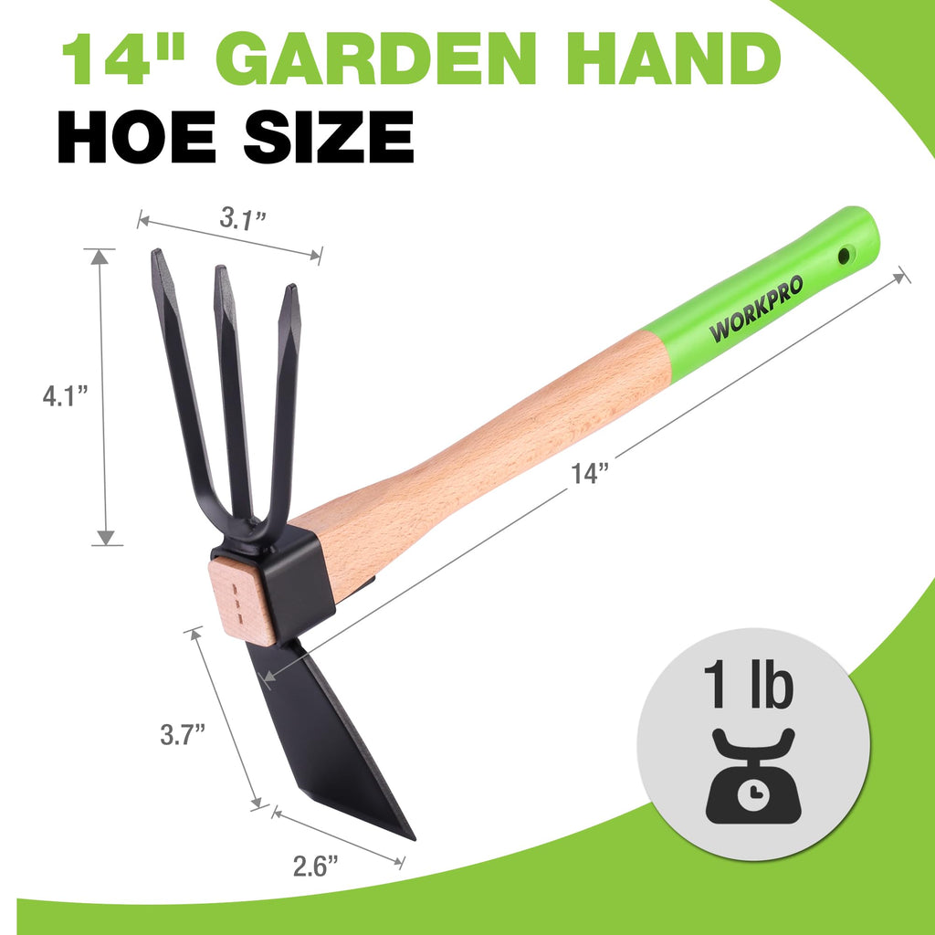 WORKPRO Hoe and Cultivator Garden Rake with 14" Wooden Handle