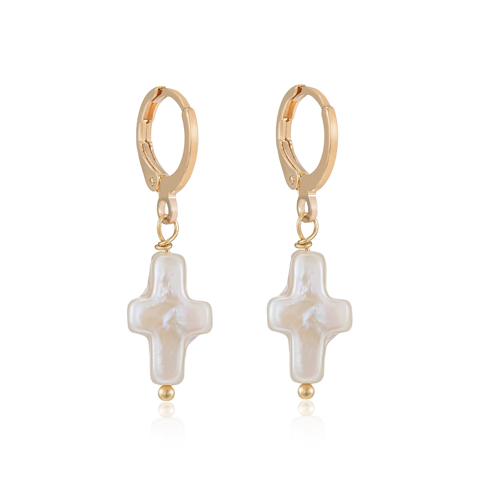 Iutymu Nature Freshwater Pearl Cross Earrings Elegant Christian Beachy Cross Pearl Baroque Earrings (Gold)