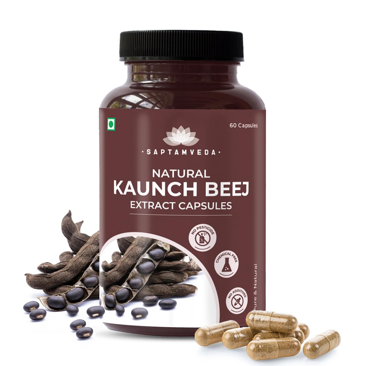 SAPTAMVEDA Natural Kaunch Beej Extract-500mg 60 Veg Capsules (Pack of 1)