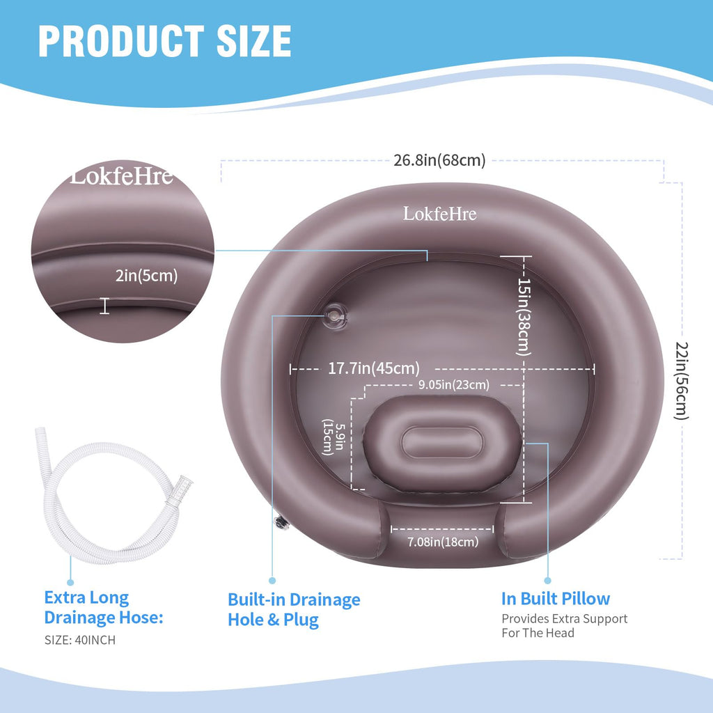 Portable Inflatable Hair Washing Basin for Bedridden - Wash Hair in Bed with Inflatable Shampoo Bowl.For Elderly,Disabled,Injured,Ideal Inflatable Sink for Locs Detox (Brown, 18in Inner)