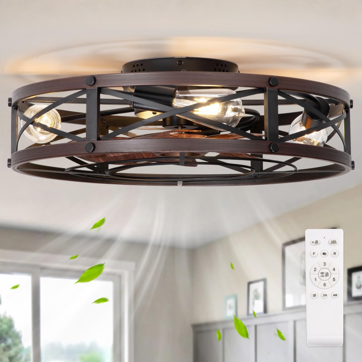SHLUCE 22" Fandelier Caged Ceiling Fan with Light, Rustic Low Profile Bladeless Ceiling Fans with Lights and Remote, Farmhouse Flush Mount Ceiling Fan with Light for Kitchen, Bedroom, Brown - ETL
