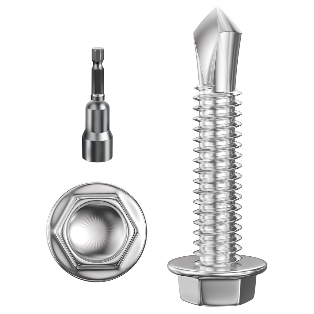 Wensilon (300Pcs) #12×1" Hex Washer Head Self Drilling Screws, 410 Stainless Steel Metal SheetScrews，TEK Screws, Sheet Metal Self Tapping Screws
