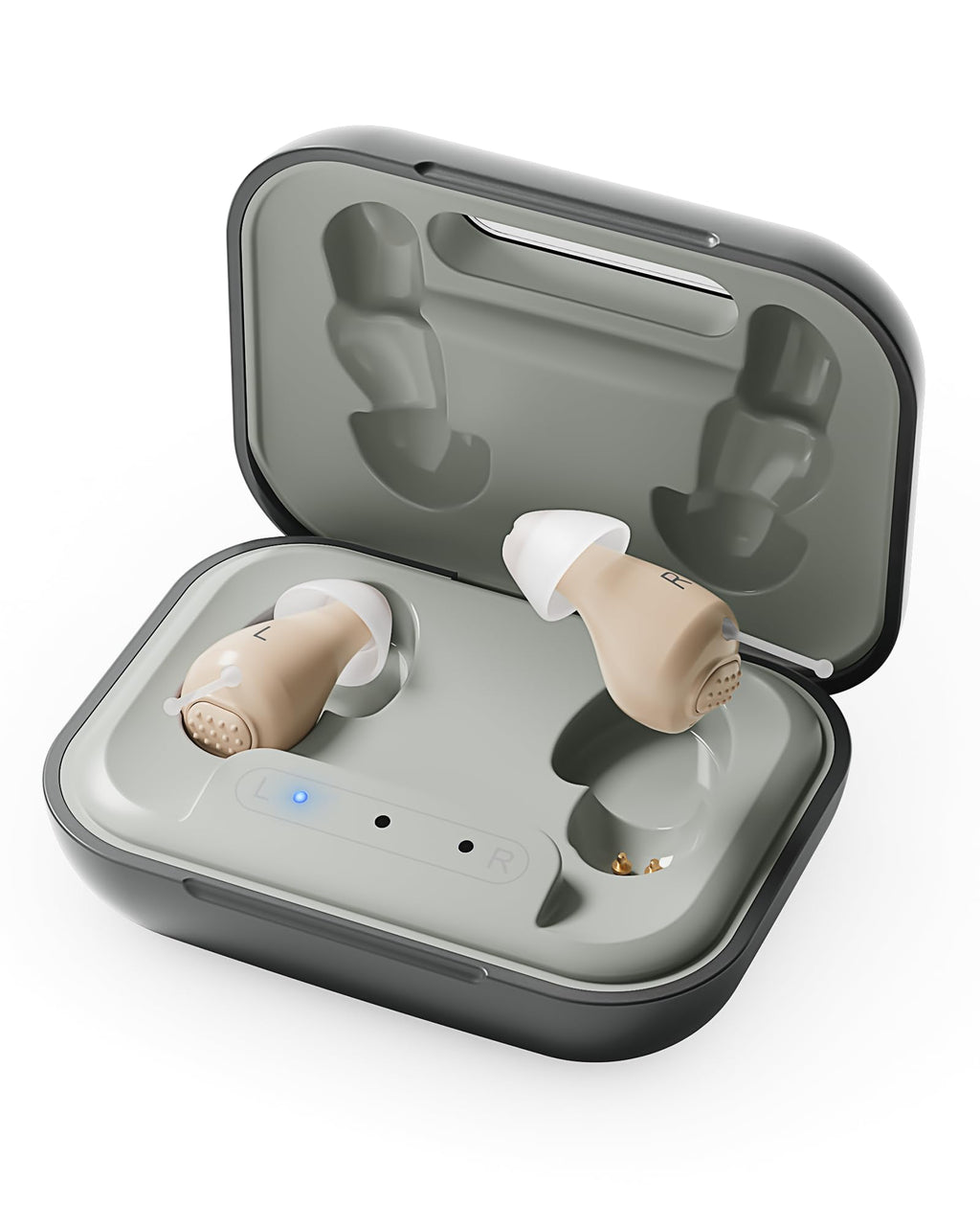 Hearing Aids for Seniors, Rechargeable OTC Hearing Aids with Noise Reduction, Providing Clear Sound Quality and Comfortable Wearing for Adults Hearing Loss, Invisible In-Ear Design, Auto On/Off (Light Gray)