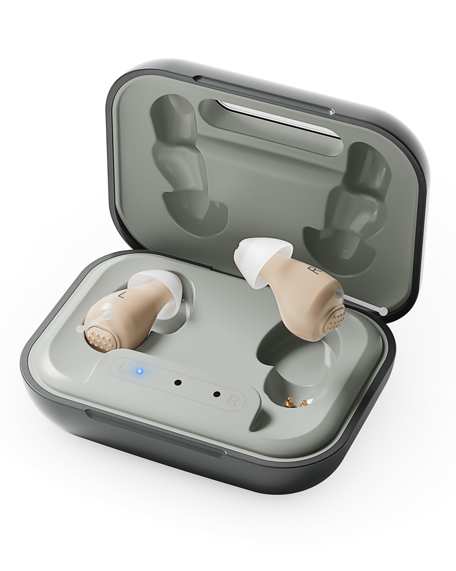 Hearing Aids for Seniors, Rechargeable OTC Hearing Aids with Noise Reduction, Providing Clear Sound Quality and Comfortable Wearing for Adults Hearing Loss, Invisible In-Ear Design, Auto On/Off (Light Gray)
