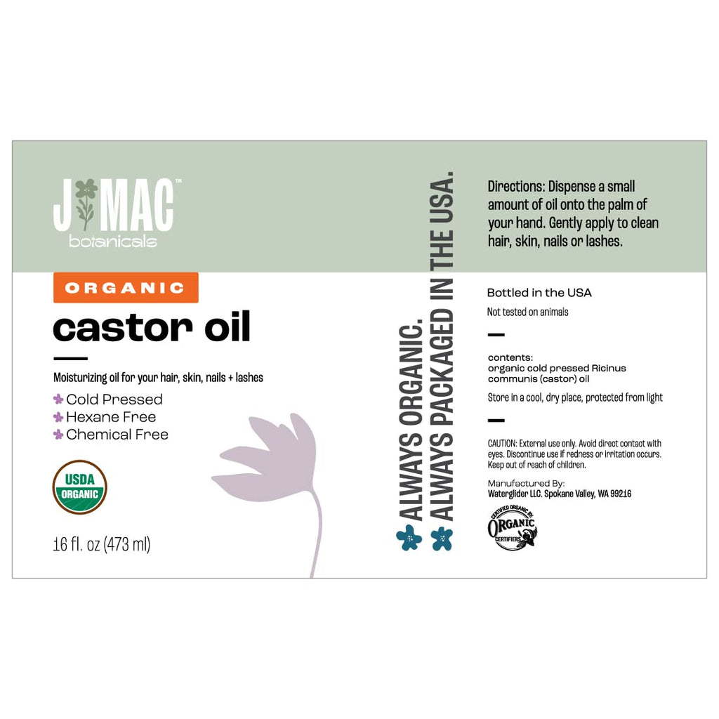 J MAC BOTANICALS, Organic Castor Oil Cold Pressed (Glass Bottle, 16 oz) pure unrefined, hexane free for face, skin, eyelashes, pack wraps, pads