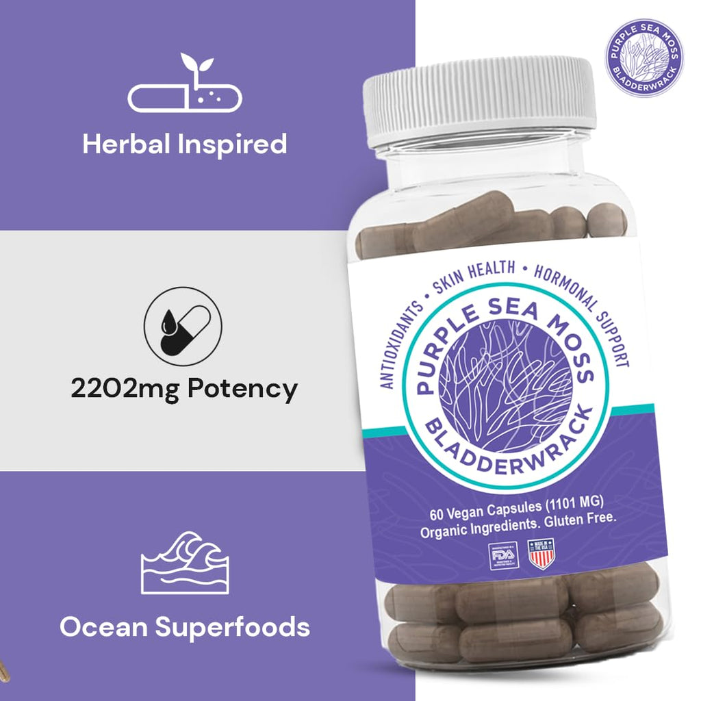 BocaHeal Purple Sea Moss + Bladderwrack Capsules | 2202mg Complete Nutrient Profile - Wildcrafted & Wildharvested Seaweed Blend for Daily Wellness – 60 Seamoss Pills & Sea Moss Capsules | Made in USA