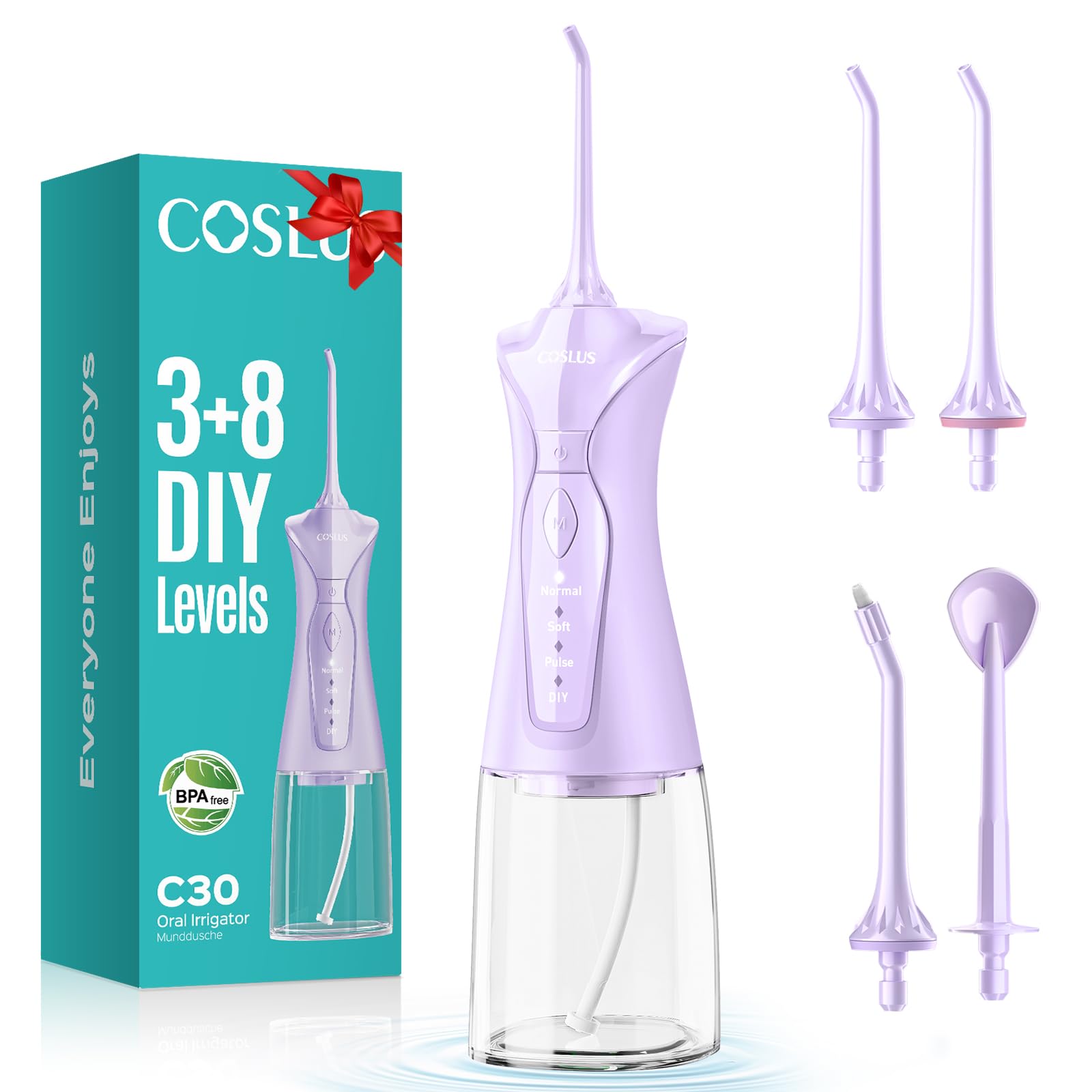 COSLUS Water Dental Flosser Pick for Teeth C30(FC5360): 4 Modes Cordless 300ML Larger Tank Portable Water Teeth Cleaner Picks IPX7 Waterproof Flossing Machine for Home Travel Purple
