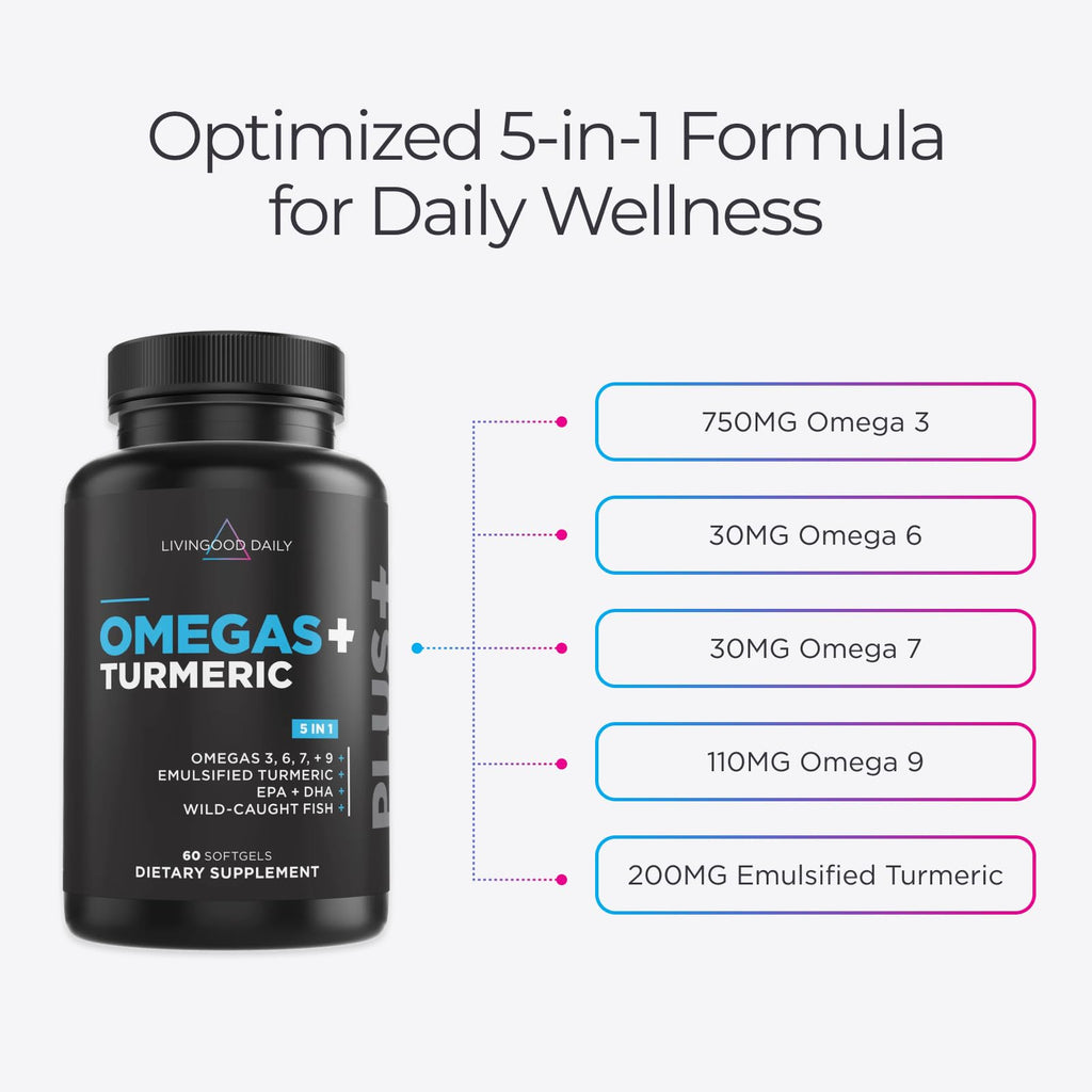Livingood Daily Omega 3 6 9 Plus Turmeric Curcumin - Omega 3 Supplement (EPA & DHA) - Supports Heart Health - Supplements - 60 Softgels