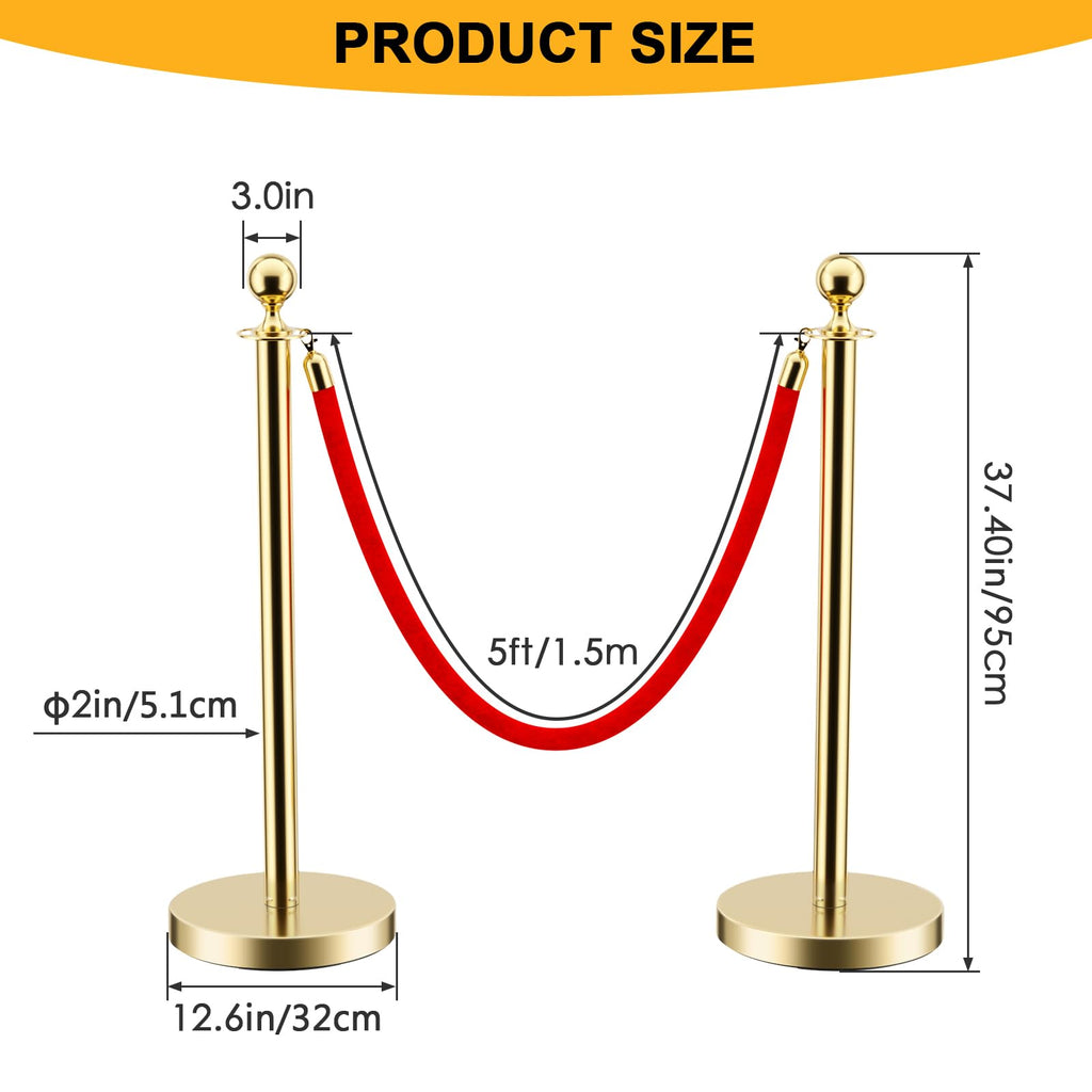 LOVMOR 6PCS Gold Stanchion Posts Queue, 38 Inch Red Velvet Rope, 5 FT Red Carpet Ropes and Poles, Crowd Control Barriers Queue Line Rope, Barriers for Party Supplies