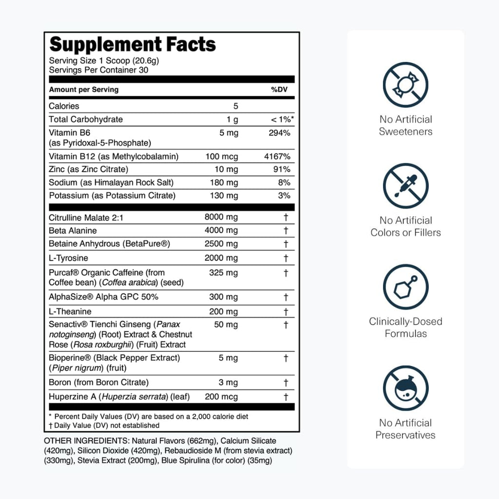 Transparent Labs Bulk Black Pre Workout - Clinically Dosed, Naturally Sweetened Preworkout for Men and Women with Beta Alanine Powder, Citrulline Malate, & Caffeine- 30 Servings, Blue Raspberry