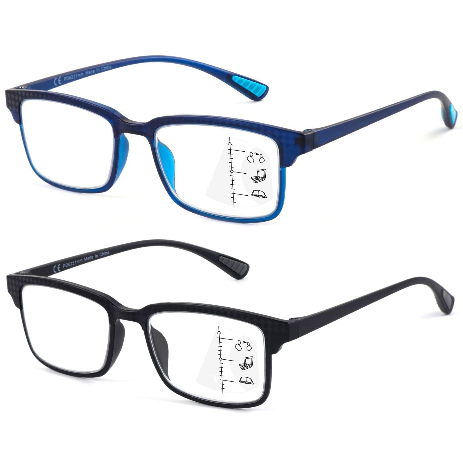 CARA 2 Pack Progressive Multifocus Reading Glasses, Flexible Lightweight TR90 Frame Blue Light Blocking Computer Readers, Workspace for Near Range (C1, 2.50)