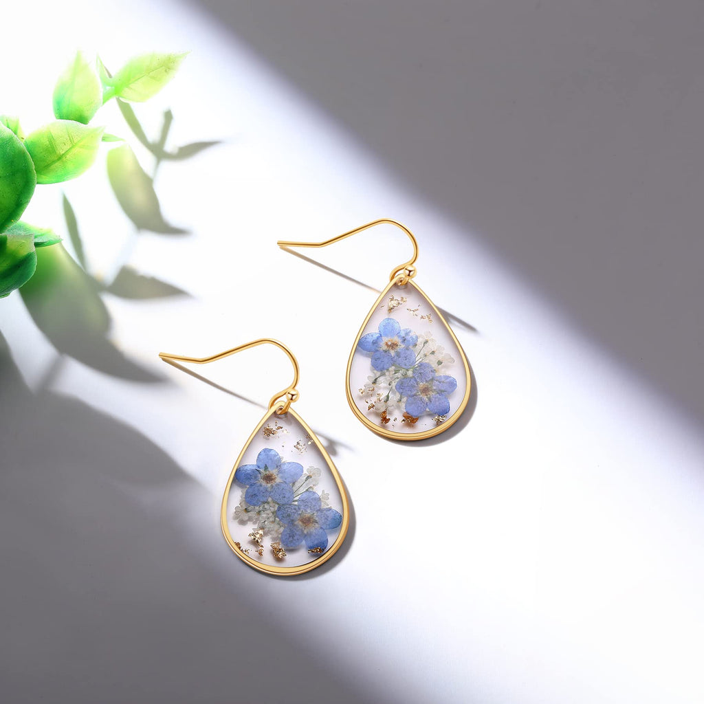 Forget-Me-Not and Queen Anne's Lace Pressed Wildflower Earrings | Drop Dangle Earring For Women Girls | Pressed Flower Teardrop Jewelry Dry Flowers | Personalized Handmade Jewelry | Gift for Woman