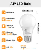 TJOY A19 Dimmable LED Light Bulbs, E26 Led Bulbs 60 Watt Equivalent, Warm Soft White 2700K, 800 Lumens Standard Base, Energy Saving Lightbulbs, Efficient 9W, 120V, 15,000 Hour Lifetime, 6 Pack