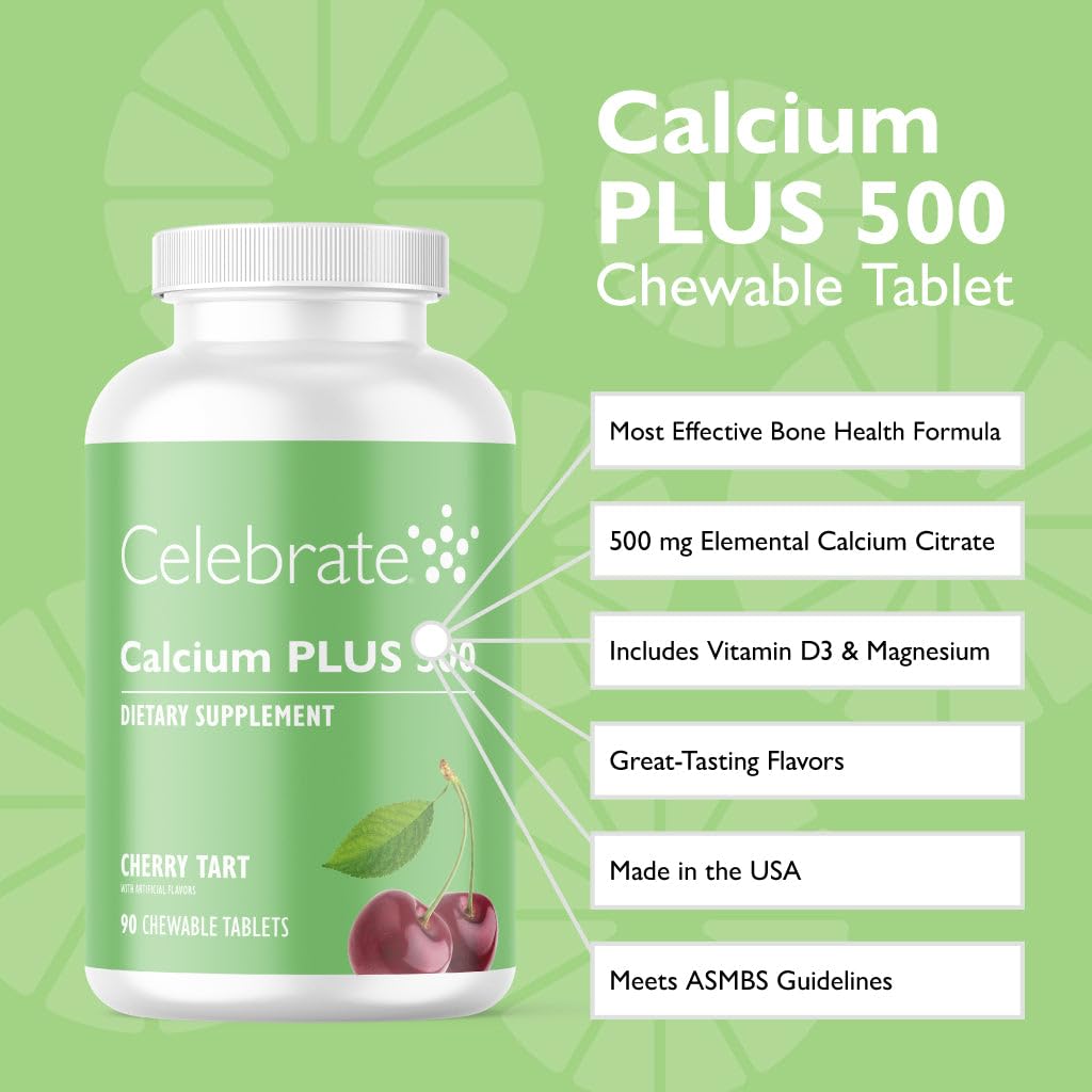 Celebrate Vitamins Calcium Plus - 500mg Calcium Citrate, 333 IU Vitamin D3 & 34mg Magnesium for Post Bariatric Surgery - Gluten-Free & Sugar-Free - Cherry, 90 Chewable Tablets