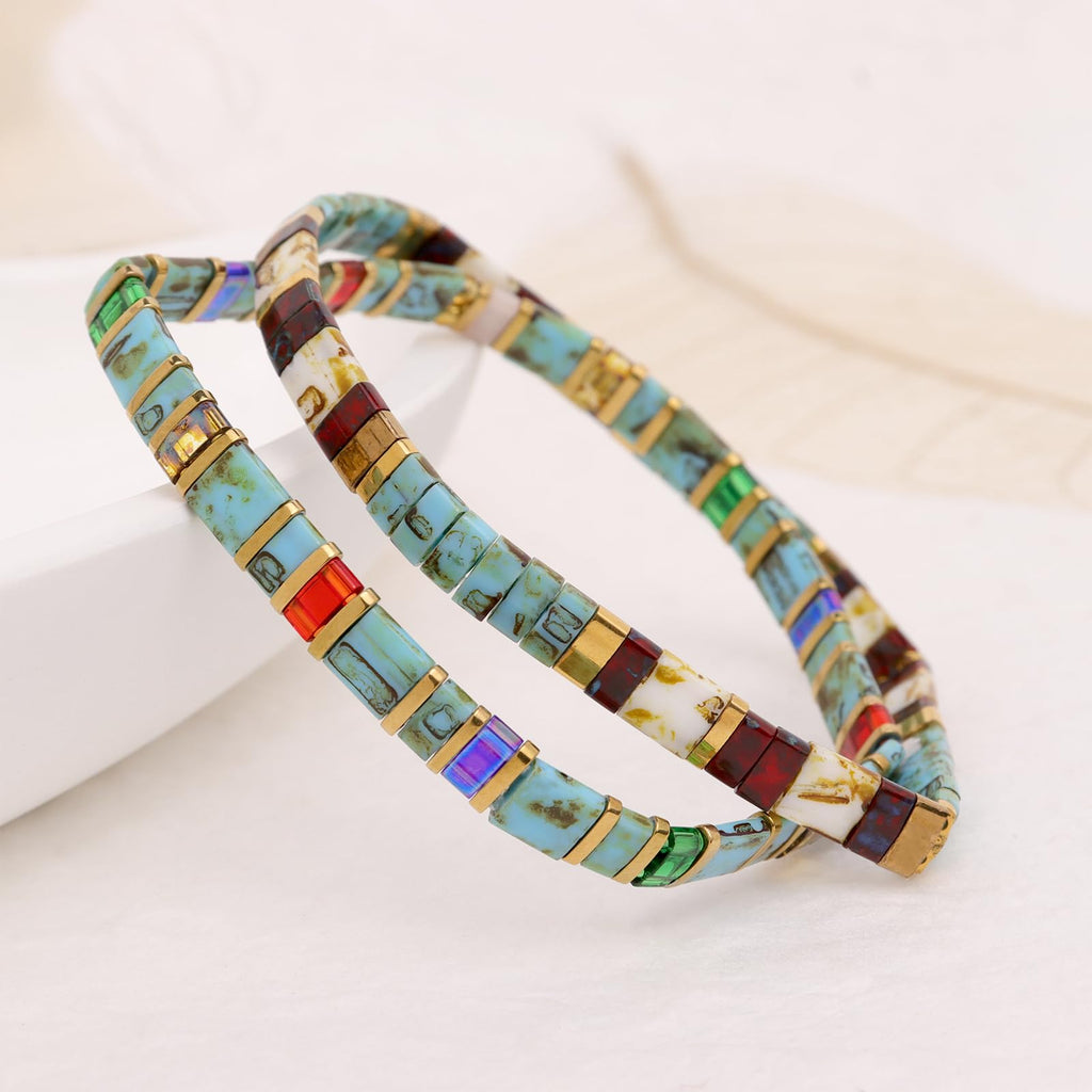 Tyebiva Tila Flat Beaded Bracelets Set for Women, 4Pcs Trendy Handmade Glass Turquoise Colorful Stack Beads Stretch Bracelet Festive Holiday Accessories Jewelry Gift.