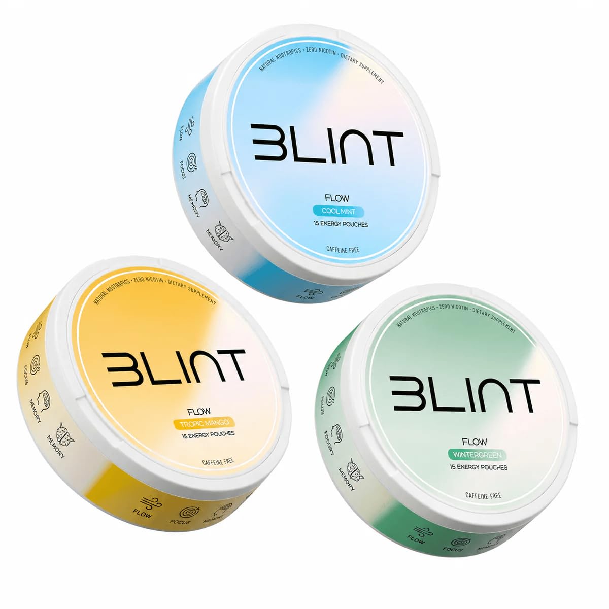 BLINT Flow Caffeine Free Nootropic Pouches | Brain Supplements for Memory and Focus | Alpha GPC, L-Theanine, L-Tyrosine | Nicotine Free, Sugar Free | Variety Pack 3 Cans
