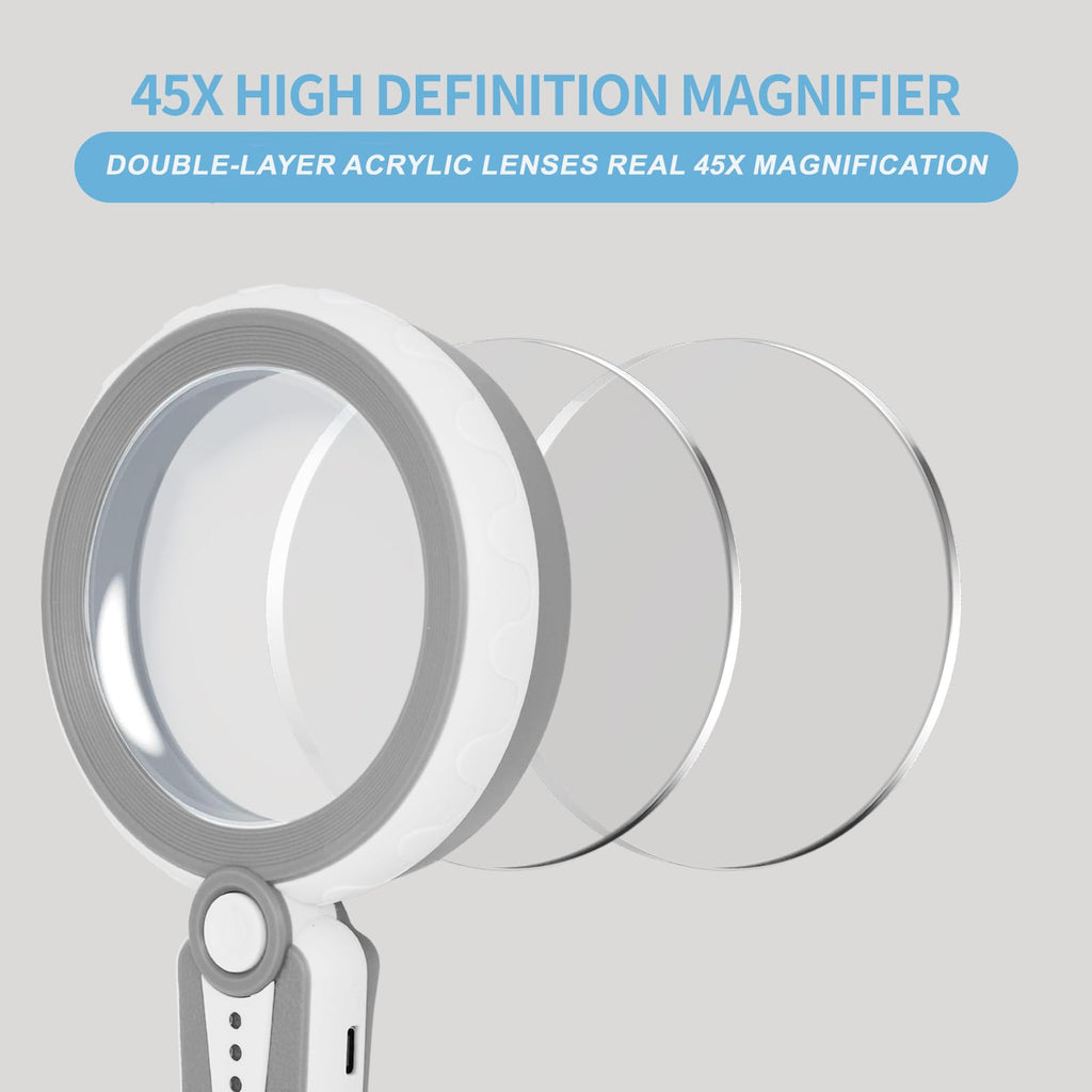 HUIBOER 45X Magnifying Glass with Light, 4.6 Inch 1200mAh USB Rechargeable, 6 Light Modes, Large Handheld Magnifier for Low Vision Seniors with Macular Degeneration, Reading, Jewelry, Coins - Grey