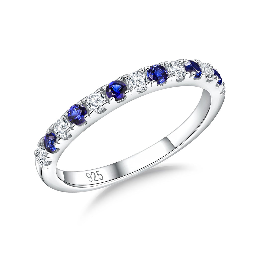RANDES Sapphire and Cubic Zirconia Rings for Women 925 Sterling Silver Sapphire Band Ring September Birthstone Stackable Rings Half Eternity Wedding Bands Size 6
