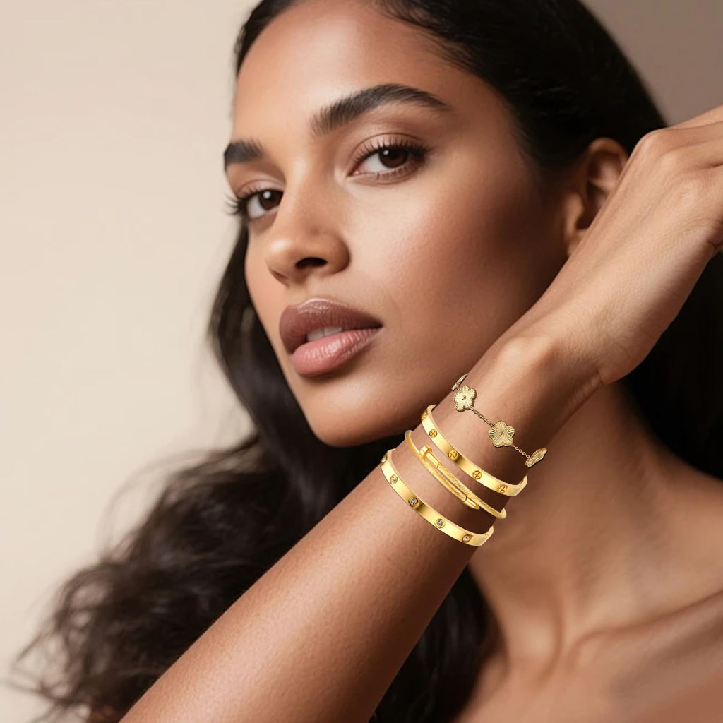 Womens Stackable Floral Gold Bracelets - 4Pcs 18K Gold Plated Bracelet,Stainless Steel Bangle Bracelets Non Tarnish, Gold Bracelet Set Trendy Jewelry,Christmas Valentines Birthday Gifts for Girlfriend
