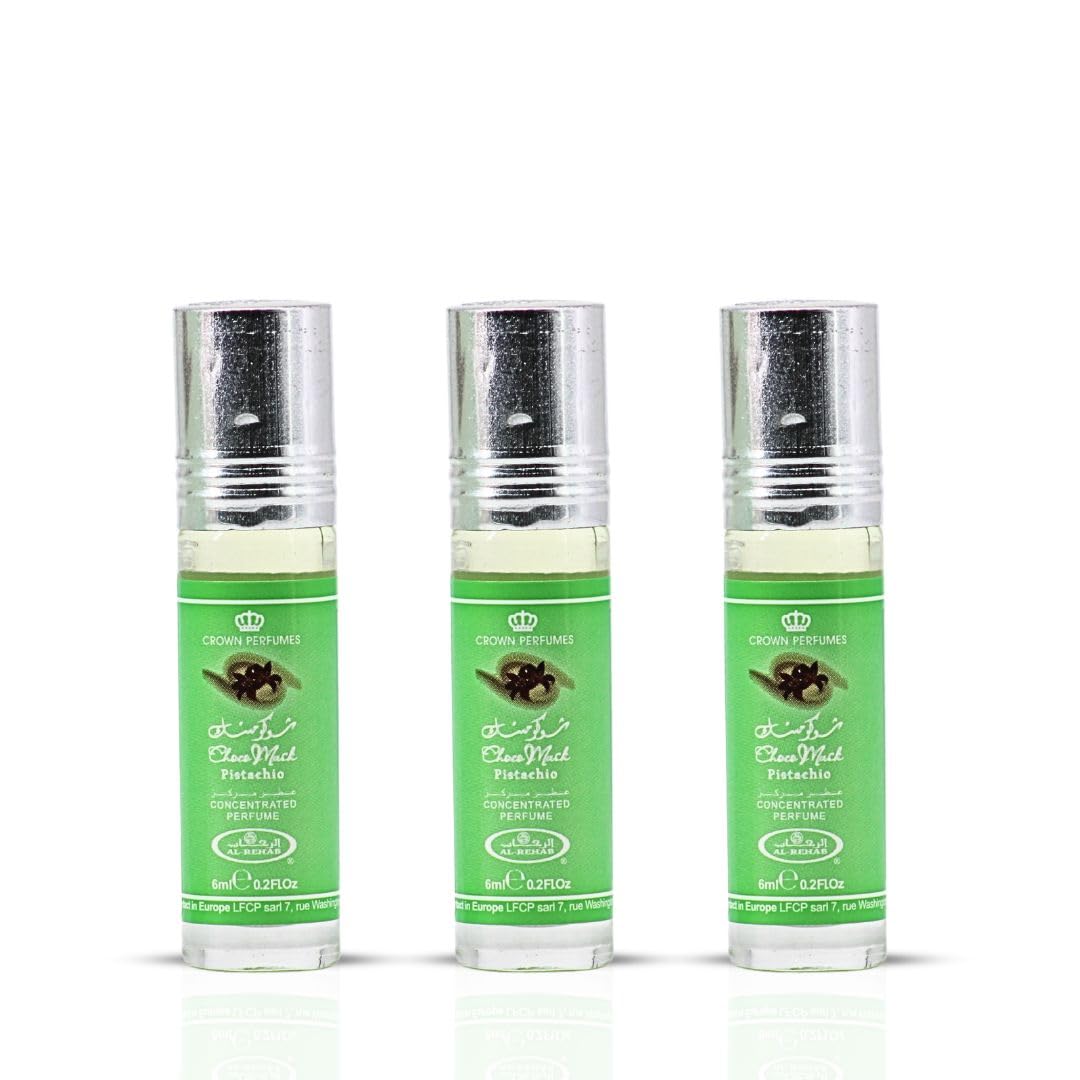 Al-Rehab Choco Musk Pistachio Perfume Oil Roll-On - 6ml (0.2 oz) | Nutty Gourmand Fragrance with Pistachio, Chocolate & Vanilla | Sweet, Creamy & Addictive | Long-Lasting Scent (Pack of 3)