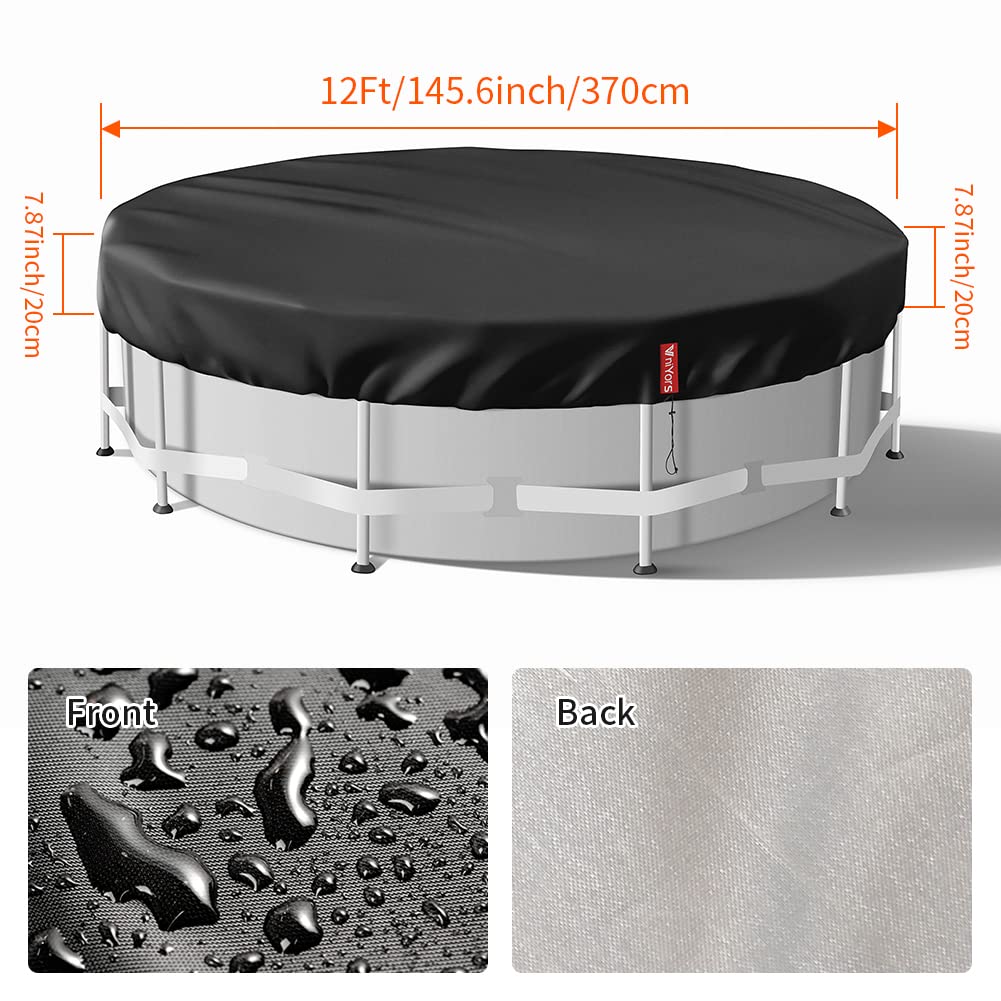 VniYors 12 Ft Round Pool Cover, Heavy-Duty Waterproof Dustproof Solar Pool Cover for Above Ground Pools, Hot Tub Cover with Drawstring and Ground Nails, Black