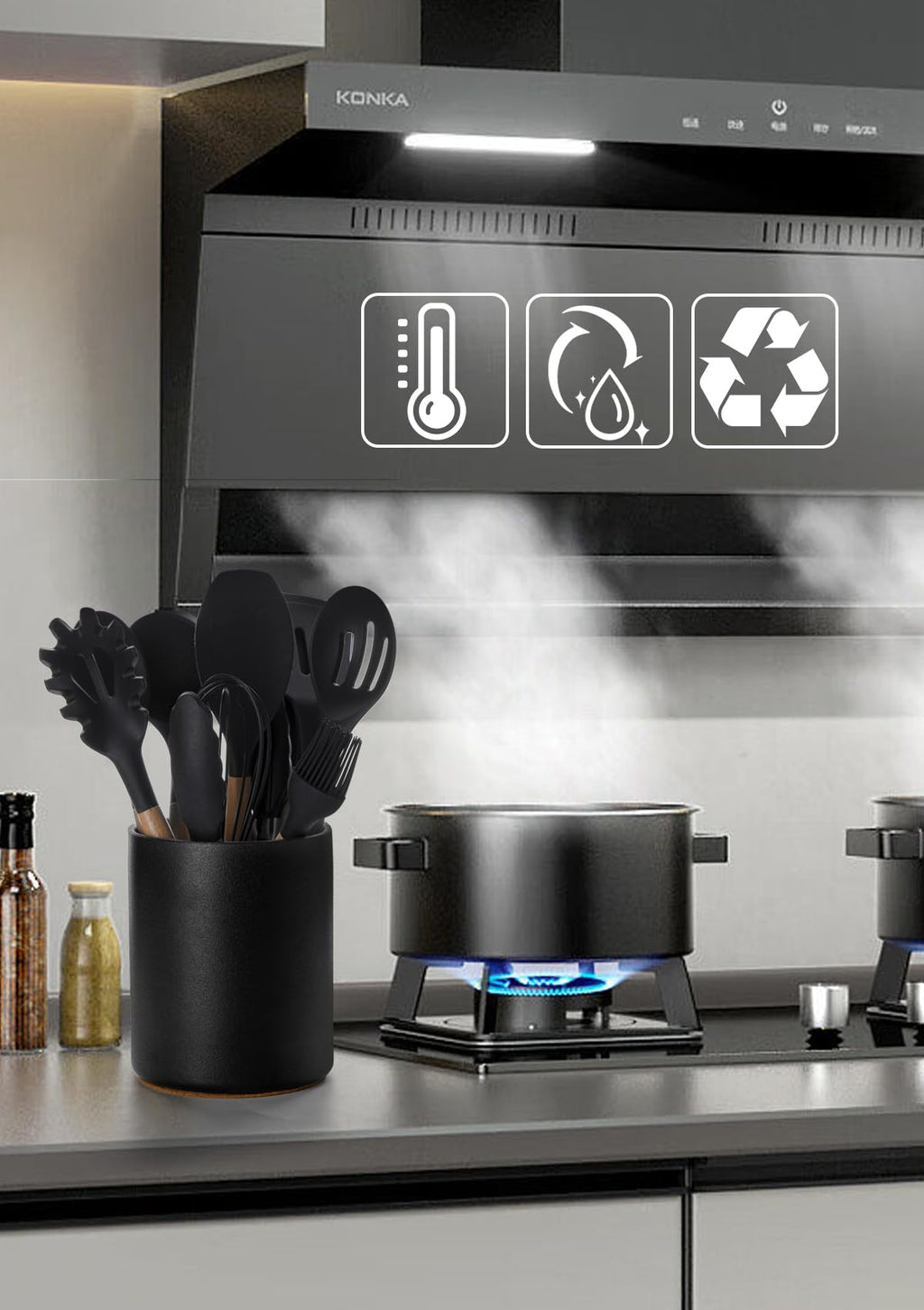 Nucookery Ceramic Kitchen Utensil Holder for Countertop, 6.4" Stone Black