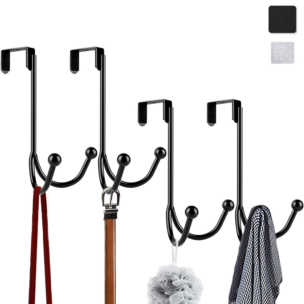 HFHOME 4Packs Over The Door Double Hanger Hooks, Metal Twin Hooks Organizer for Hanging Coats, Hats, Robes, Towels- Black