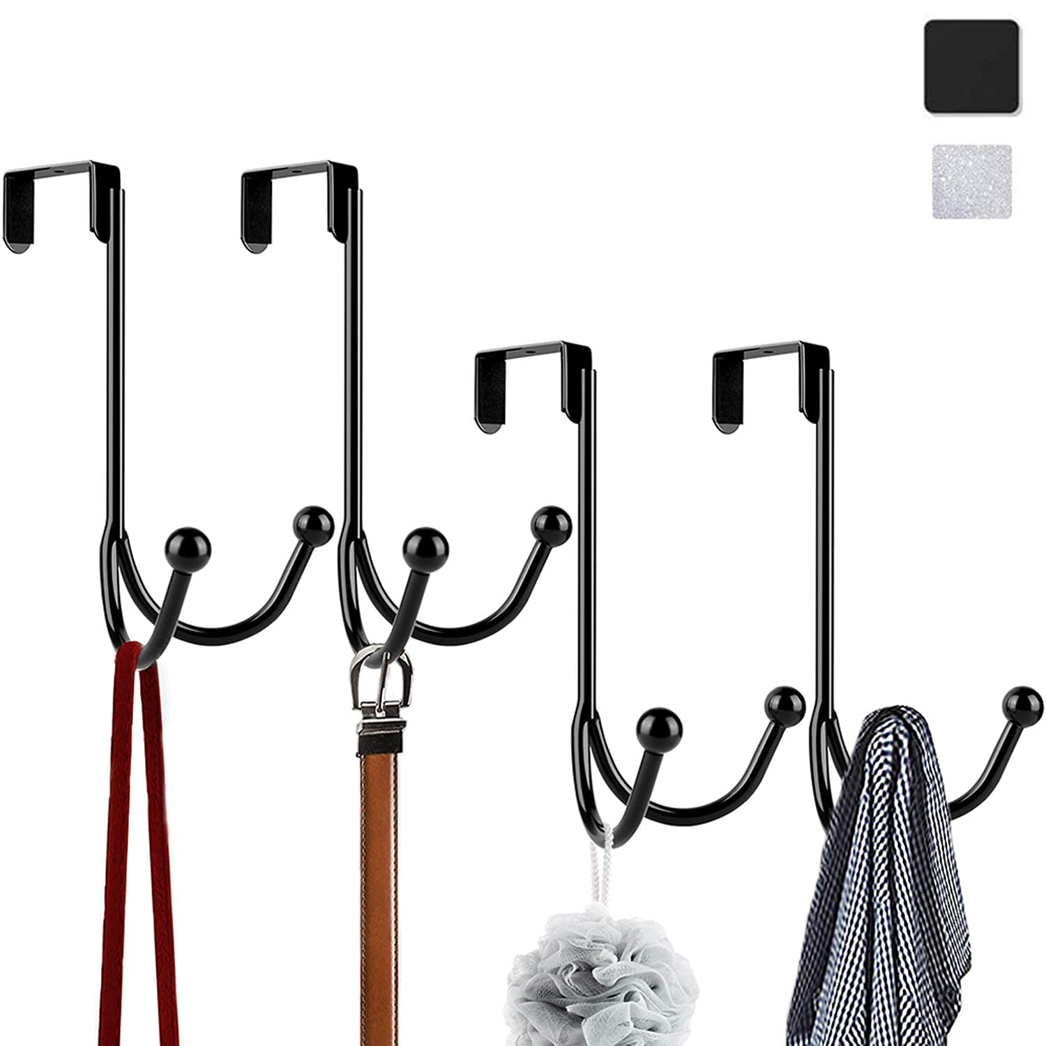 HFHOME 4Packs Over The Door Double Hanger Hooks, Metal Twin Hooks Organizer for Hanging Coats, Hats, Robes, Towels- Black