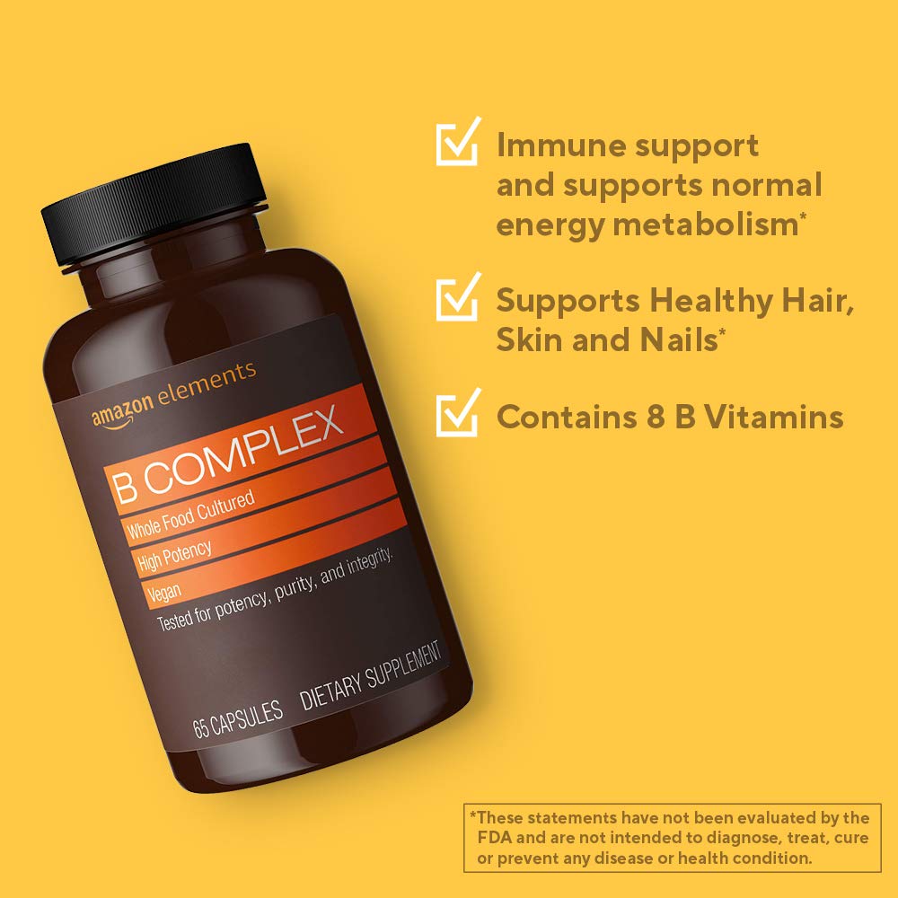 Amazon Elements B Complex, High Potency, 83% Whole Food Cultured, Supports Immune and Normal Energy Metabolism, Vegan, 2 Month Supply (Packaging May Vary),65 Capsules (Pack of 2)