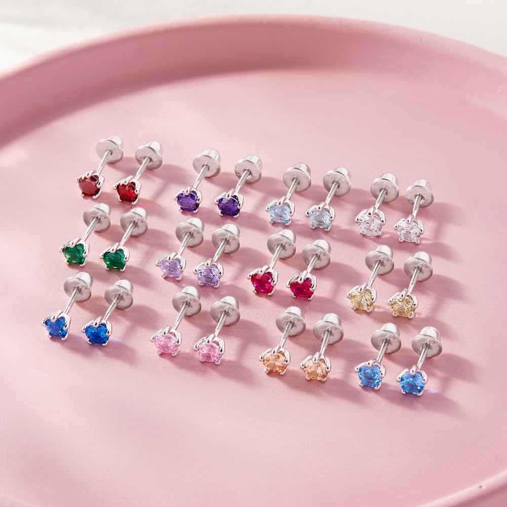 In Season Jewelry Solitaire Simulated Birthstone Kids Earrings - 925 Sterling Silver Hypoallergenic Earrings for Girls with Secure Screw Backs - Safe & Comfortable for Kids & Little Girls, Clear