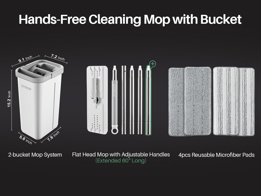 JOYMOOP Flat Mop System, Microfiber Mop and Bucket Set, White, Hands-Free Floor Cleaning System with Wringer, Wet and Dry Use, 60" Handle, Includes 4 Reusable Pads