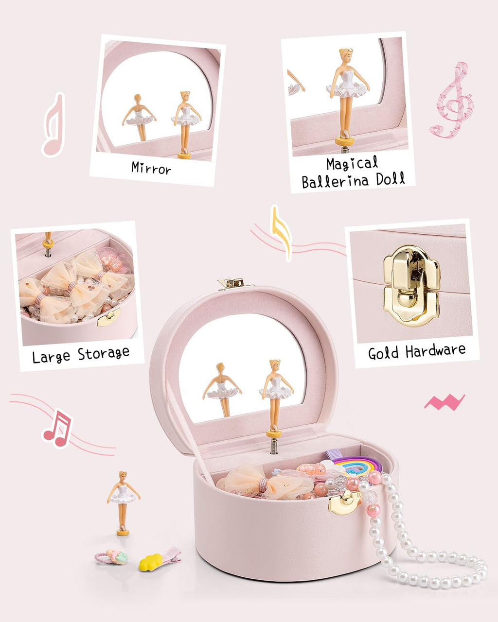 VLANDO Musical Jewelry Box for Girls, Arc Design with Spinning Ballerina Large Compartment for Small Treasures, Plays Canon Melody, Built-In Mirror and Soft Carry Handle, Birthday Christmas Gift
