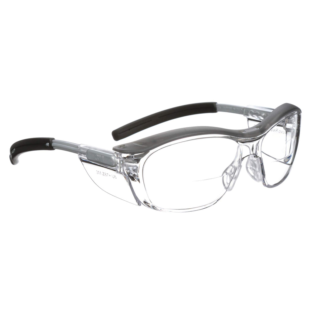 3M Safety Glasses with Readers, Nuvo Readers, +2.0 Diopter, Pack of 1, ANSI Z87, Clear Lens, Gray Frame, Soft Nose Bridge, Side Shields