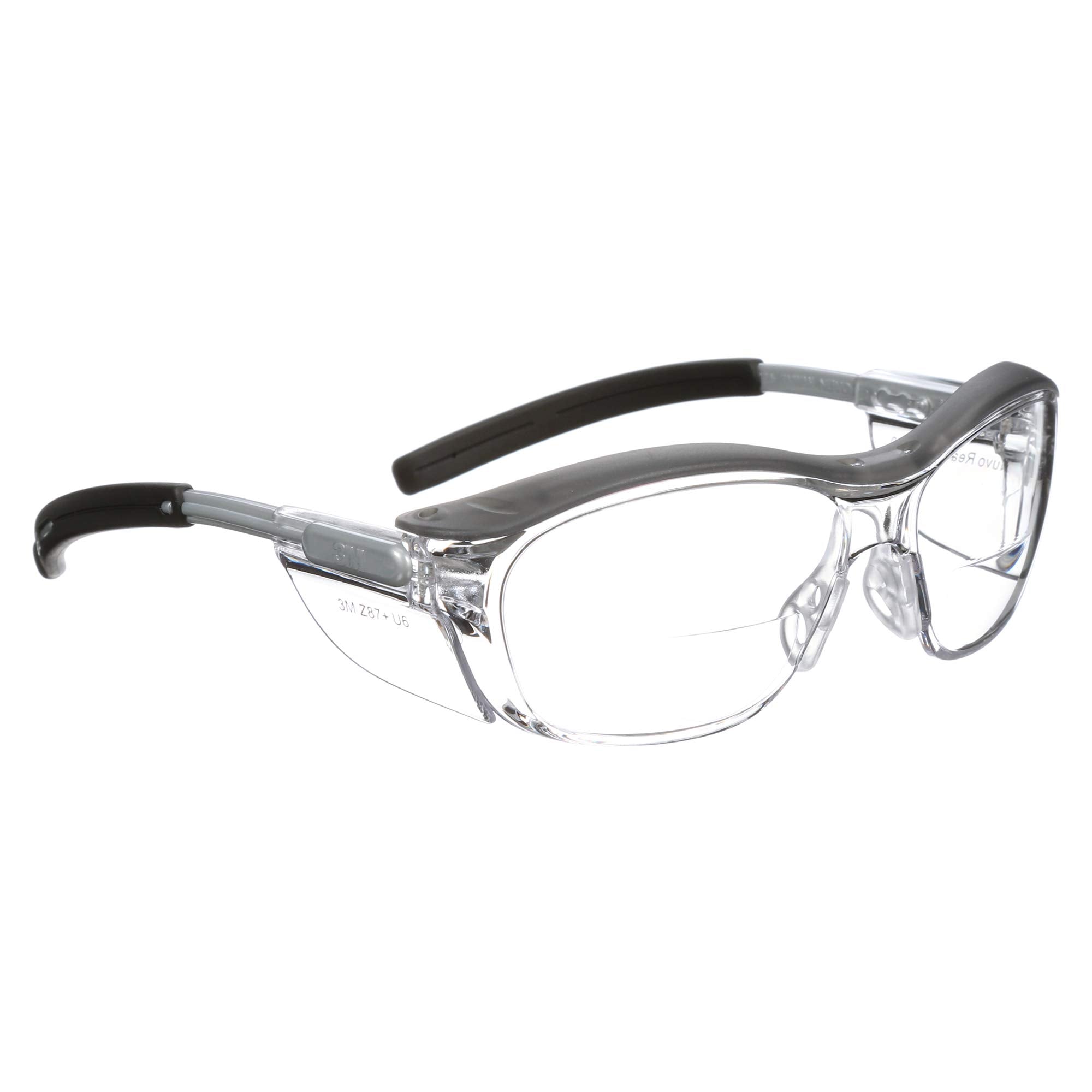 3M Safety Glasses with Readers, Nuvo Readers, +2.0 Diopter, Pack of 1, ANSI Z87, Clear Lens, Gray Frame, Soft Nose Bridge, Side Shields